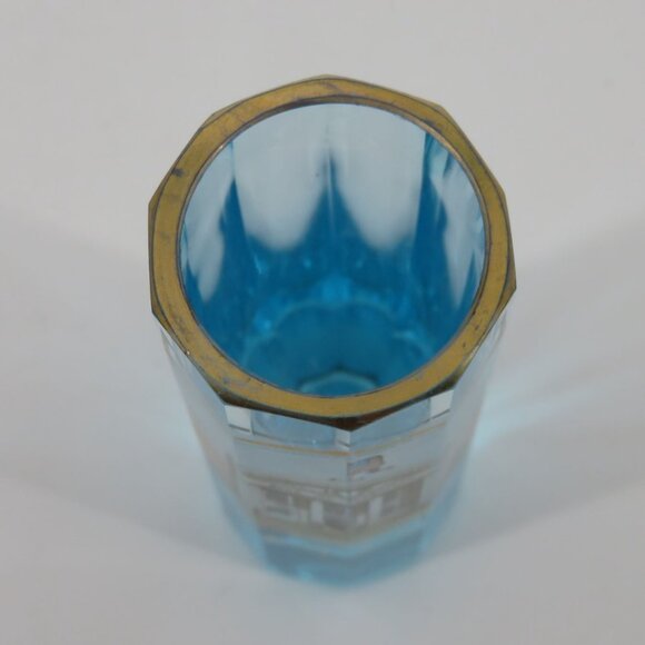 VTG Bank of Sheboygan Clear Blue Glass Gold Trim Shot Glass Souvenir Wisconsin - Picture 7 of 11